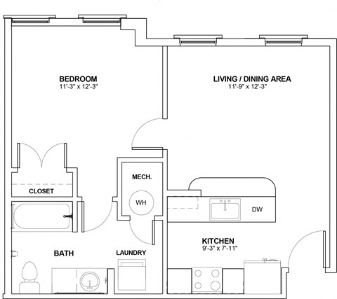 Floor plan for 1 bed, 1 bath, 537 sqft